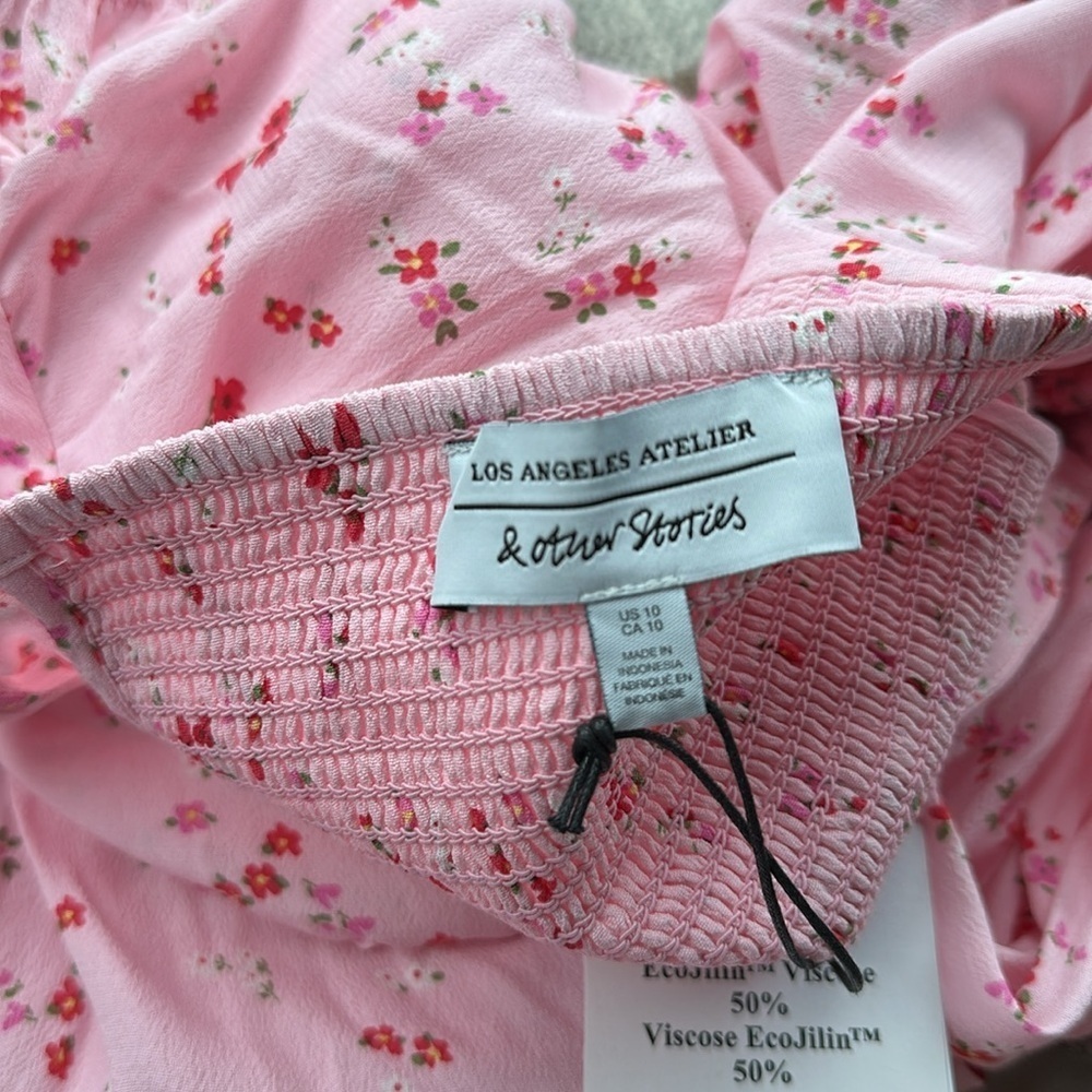 NWT & Other Stories Puff Sleeve Midi Dress with Slit in Pink Floral size 10 - Picture 3 of 8